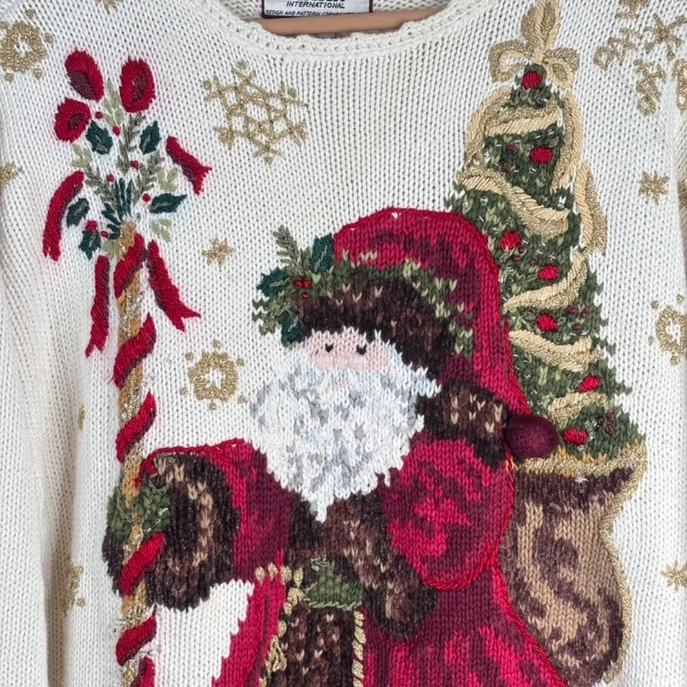 VTG 90s Tiara Christmas Sweater L Embroidered Cream Knit Granny Cottage Santa